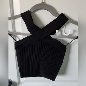 Babaton Black Ribbed Cross-Back Crop Top XS